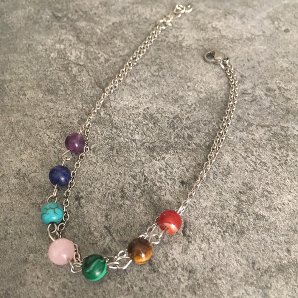 7 Chakra Anklet w/Natural Stones - Stainless Steel - Picture 5 of 8